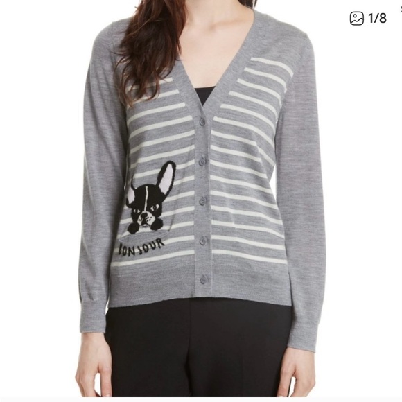 kate spade Sweaters - Kate Spade Size Small Wool Broome Street French Bulldog Grey Striped Cardigan